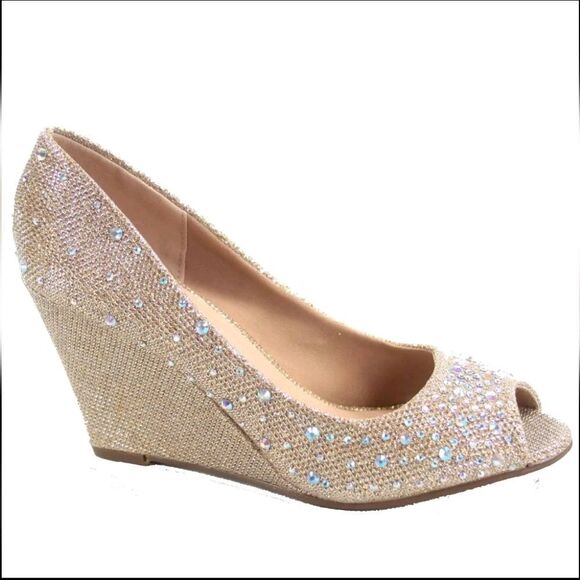 BRAND NEW DE BLOSSOM COLLECTION HALF-3 PEEP TOE SPARKLE EMBELLISHMENTS WEDGE - Picture 2 of 16